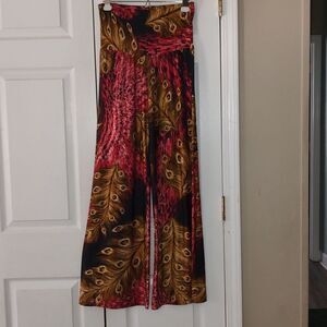 Beautiful peacock feather wide leg palazzo gapacho pants Sz S